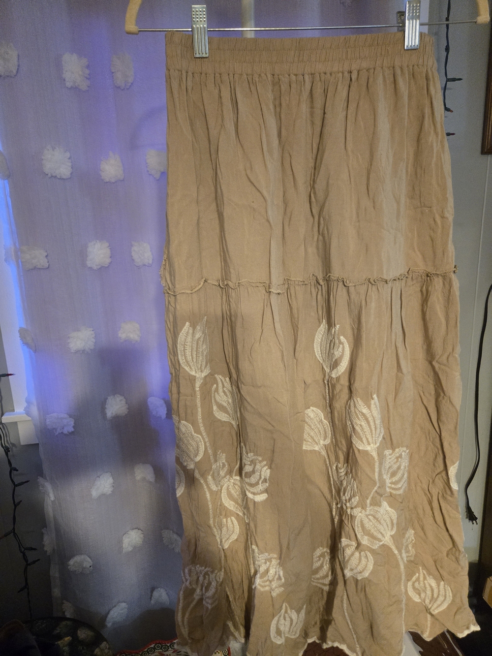 Affaire Boho Embroidered Maxi Skirt Medium Tan Beige Floral